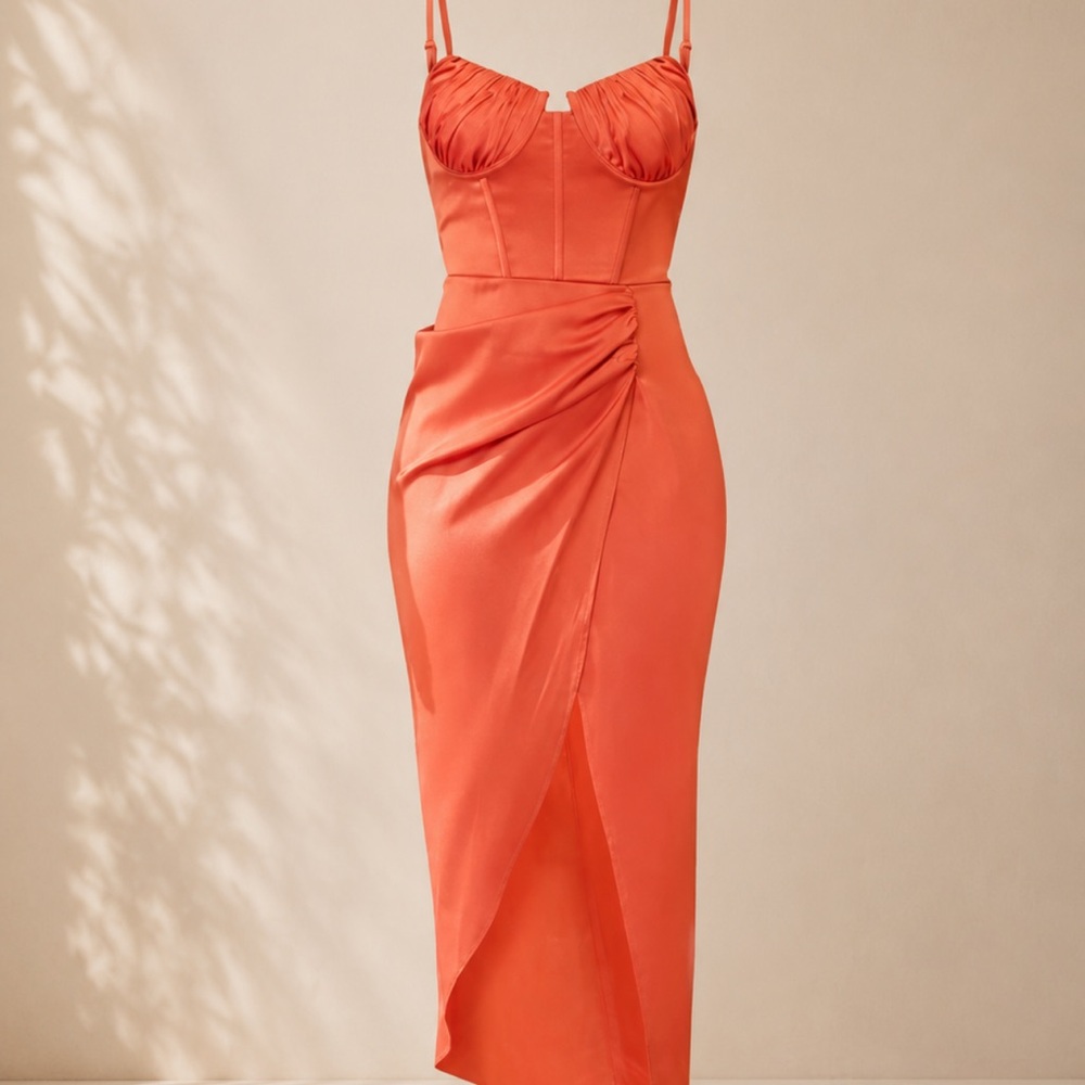 PrettyLittleThing Coral Satin Corset Midi Dress